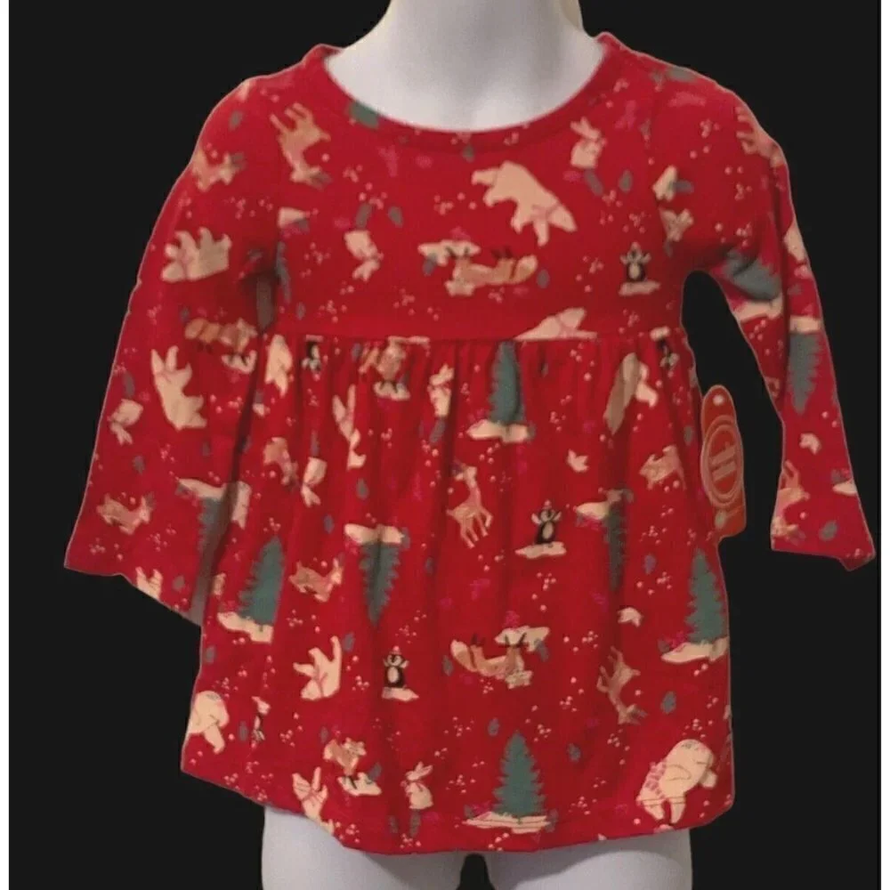Wonder Nation Girls Winter Animals Knit Dress Size 12M Red Pockets